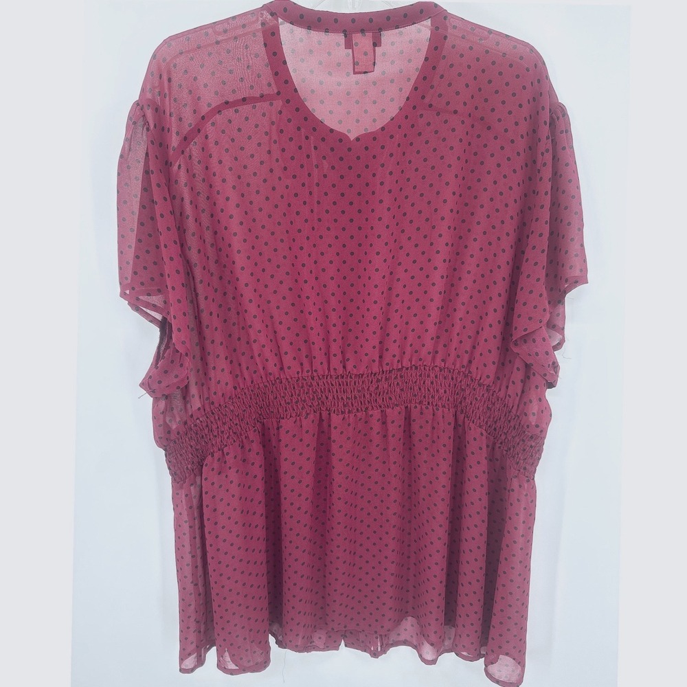 Torrid Womens Blouse 4 Burgundy Polka Dot Ruffle Smocked Waist Chiffon Top - Picture 6 of 7